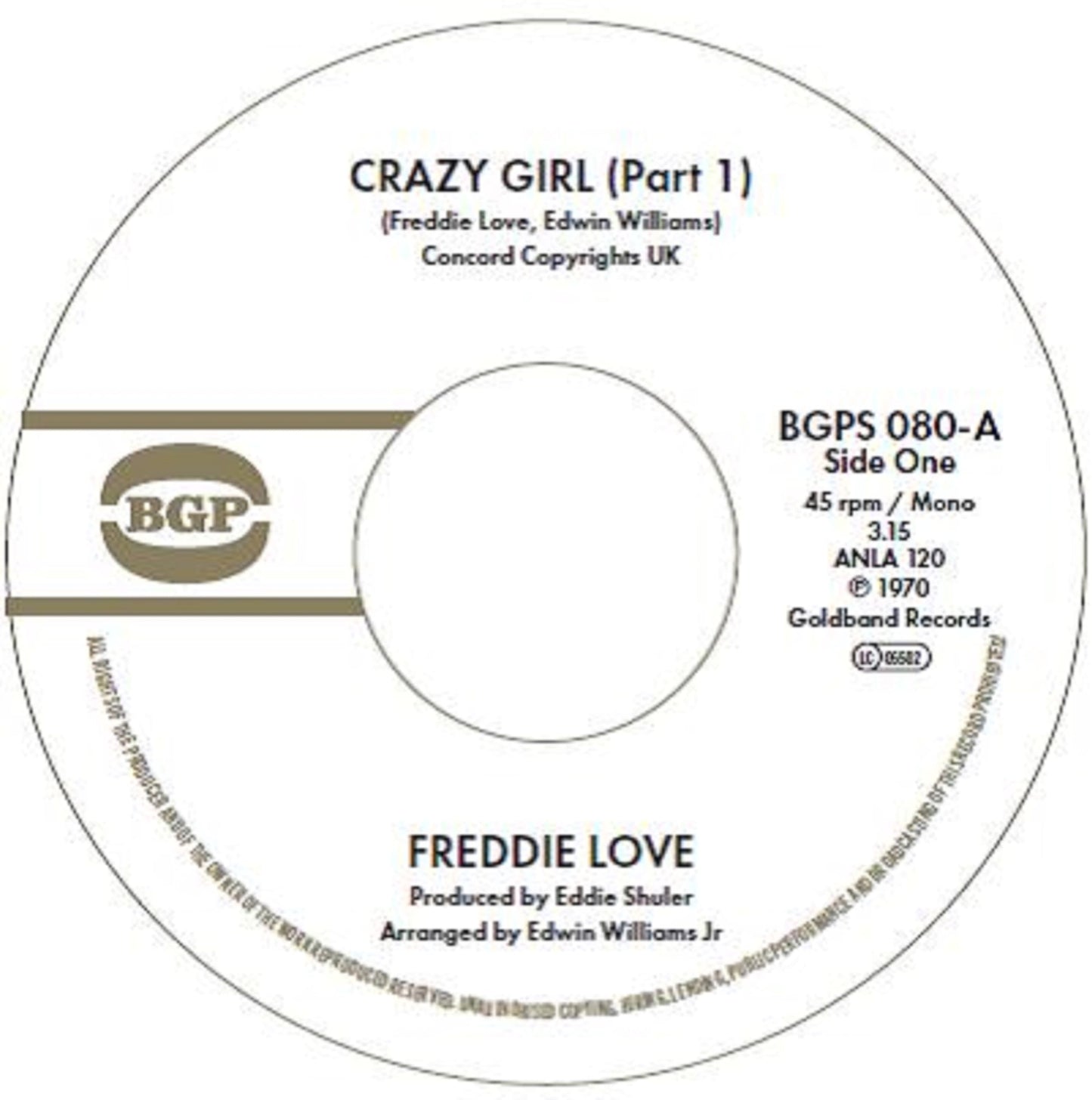 Vinyl record label for Freddie Love’s “Crazy Girl (Part 1)”, side one.