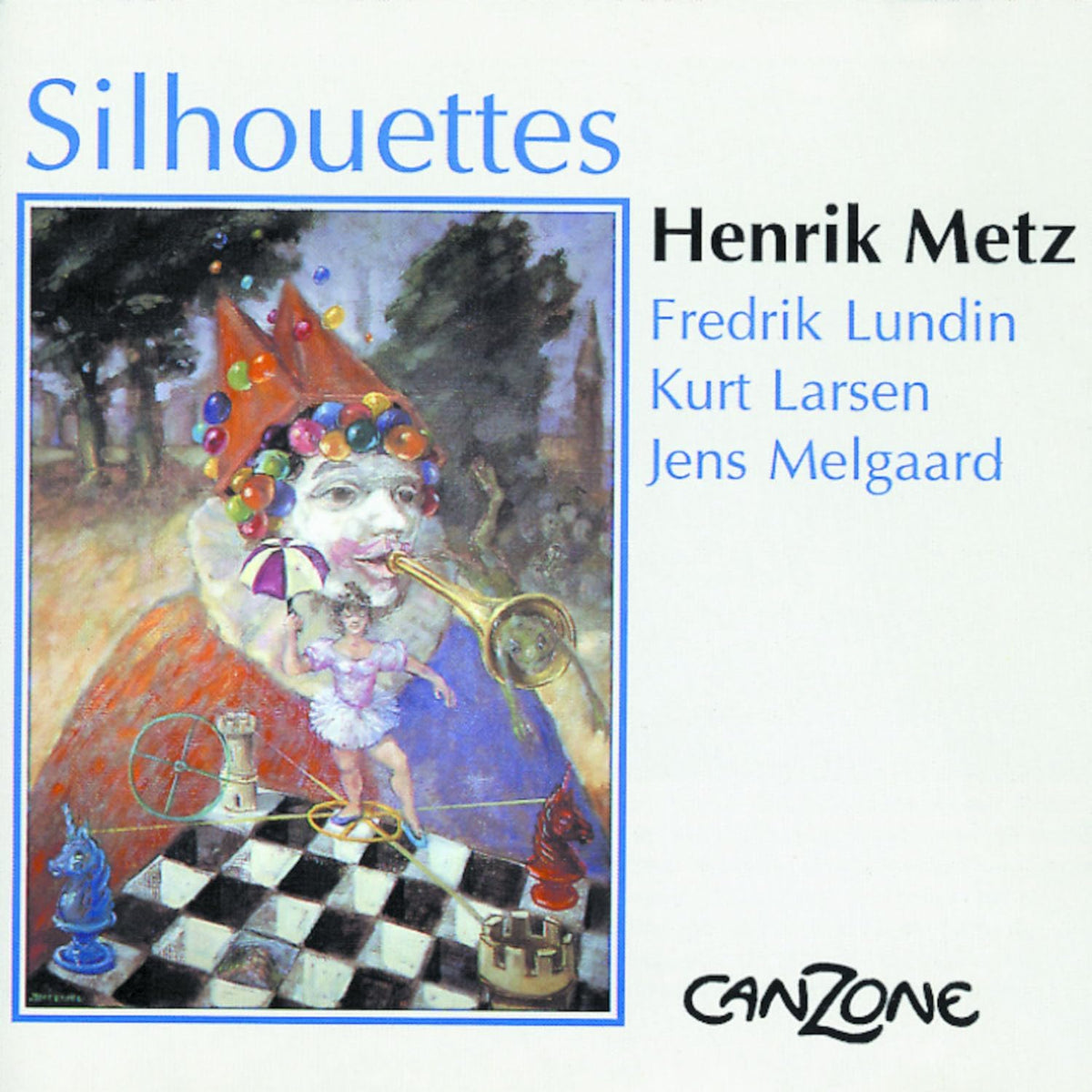 CD cover: surreal painting of a child playing a horn in a garden.
