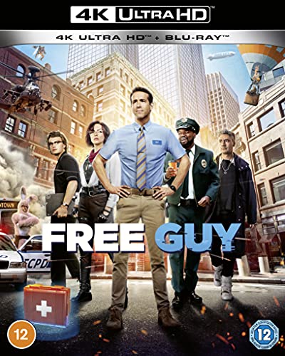 “Free Guy” Blu-ray cover featuring Ryan Reynolds and a group in a city scene.