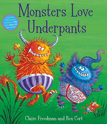 Book cover illustration featuring two large, colorful monsters wearing patterned underpants in a pond.