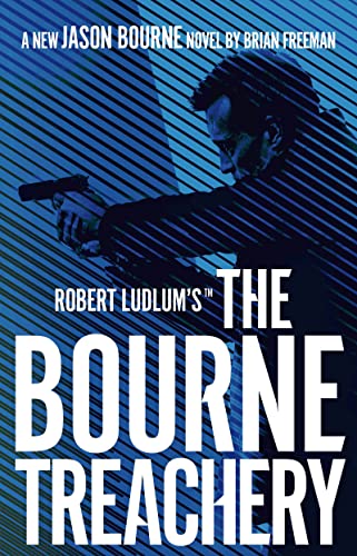 Book cover: man with gun, bold title "The Bourne Treachery".