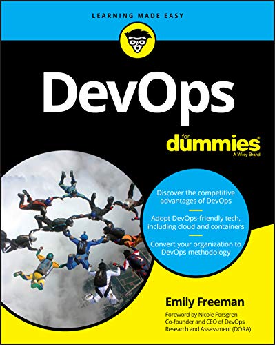 Book cover for "DevOps For Dummies" with falling figures illustration.