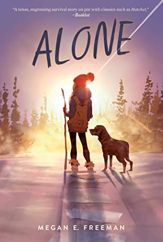 A girl with a backpack and a dog stand on a path at sunset.