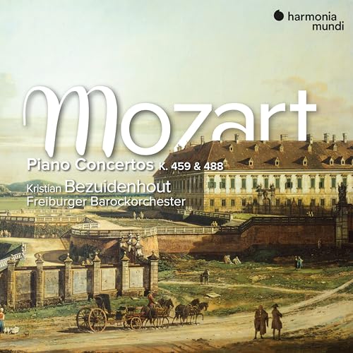 CD cover featuring a baroque building, carriages, and the name "Mozart".