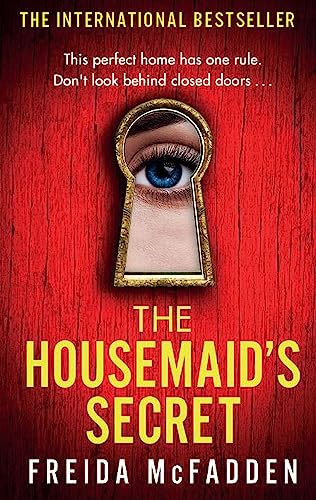 Book cover: red woodgrain, eye peering through a keyhole.