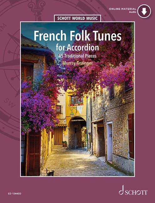Sheet music cover: "French Folk Tunes for Accordion" with a village scene.