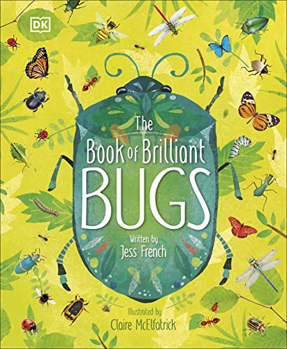 Book cover featuring a large green beetle surrounded by various colorful insects on yellow.