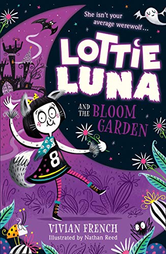 Book cover: cartoon werewolf girl with a garden and spooky background.