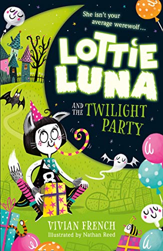Book cover: cartoon werewolf girl with party decorations and a spooky town.