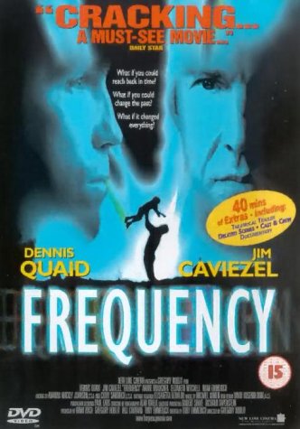 DVD cover for "Frequency" featuring Dennis Quaid and Jim Caviezel.