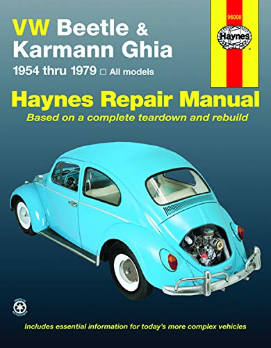 Haynes repair manual cover featuring a light blue VW Beetle car.