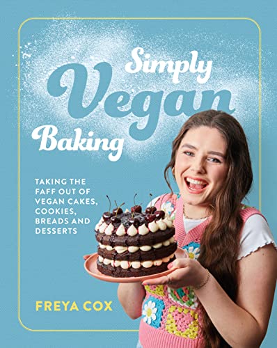 Book cover: "Simply Vegan Baking" with a woman holding a chocolate cake.