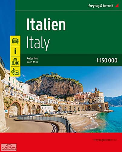 Italy road atlas cover with coastal town image and scale 1:150 000.