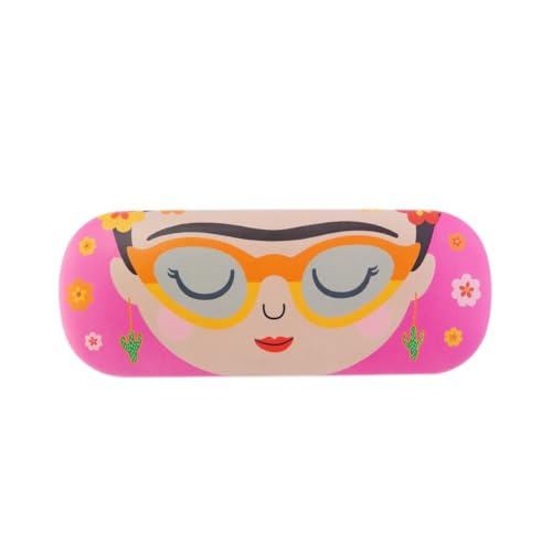 Pink glasses case depicting Frida Kahlo’s face with floral details.