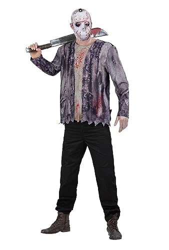 Person in Jason Voorhees costume with hockey mask and machete.