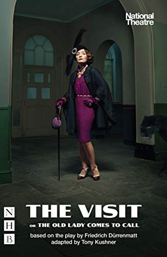 Woman in purple dress and hat stands in a hallway.