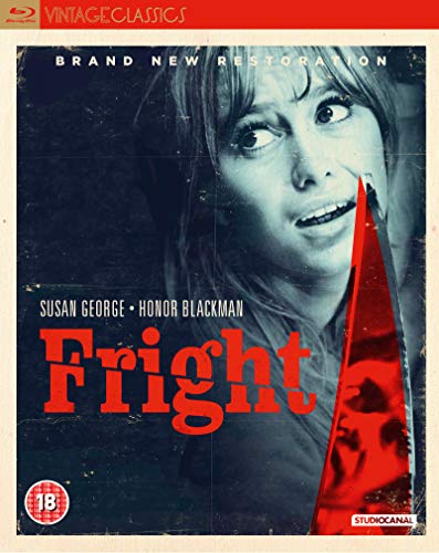 Blu-ray cover for "Fright" featuring a frightened woman and a red knife.