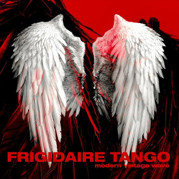 Vinyl record cover with white feathered wings against a red background.