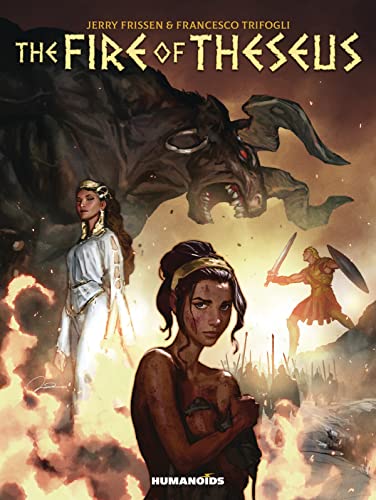 Book cover: Theseus, Minotaur, and women in a dramatic, illustrated scene.