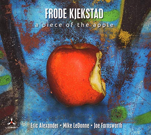 CD cover with a red apple and abstract blue, red, and yellow paint.