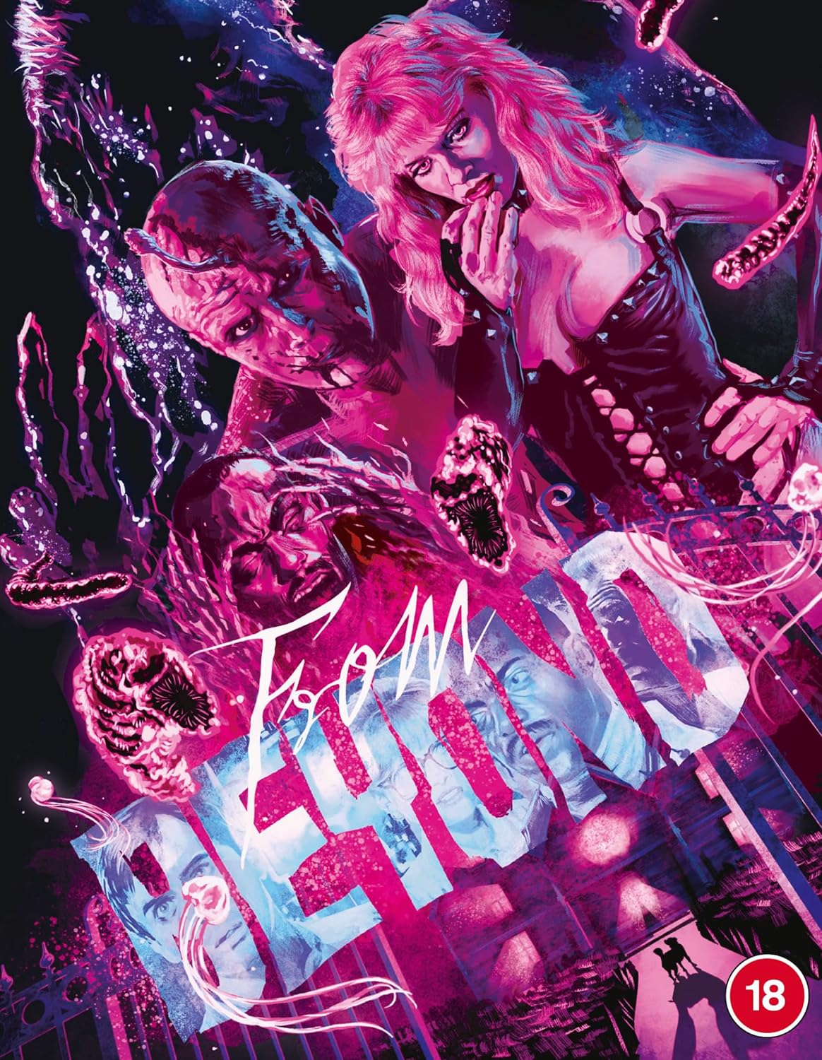 Horror movie cover featuring monstrous figures and pink, blue tones.