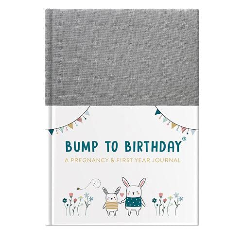 A journal with a grey fabric top and white bottom featuring illustrated bunnies.