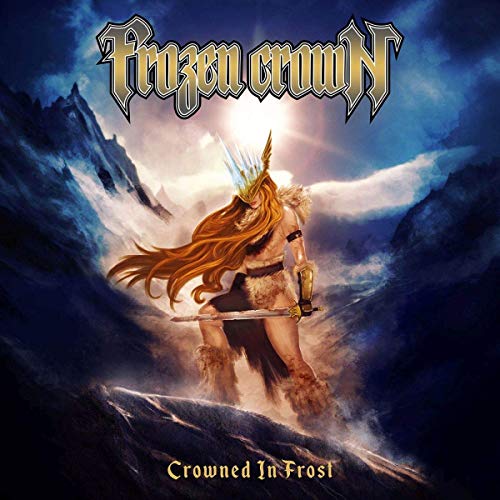 “Frozen Crown” album cover: warrior woman with sword, snowy mountains, and icy crown.