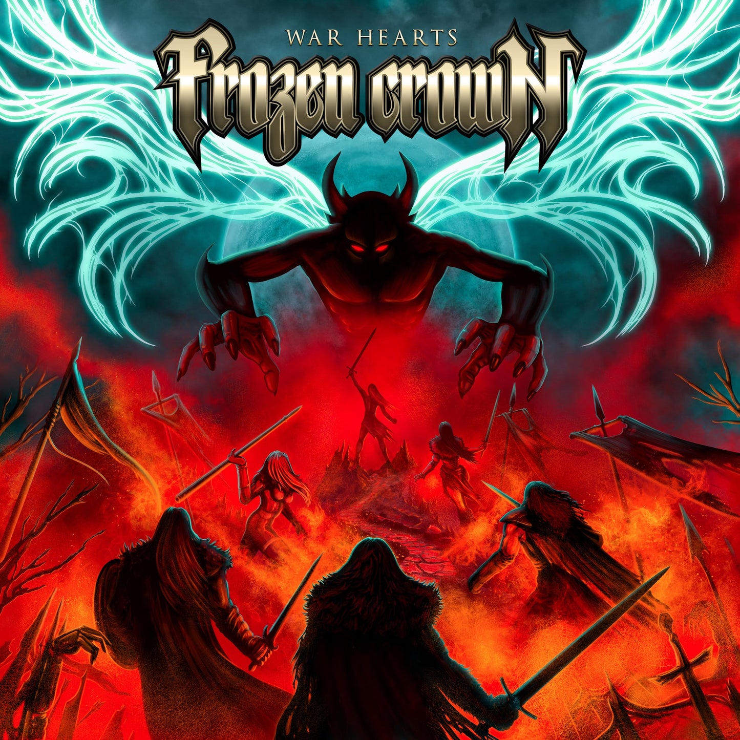 Album cover for Frozen Crown’s “War Hearts” featuring a demonic figure and battle scene.