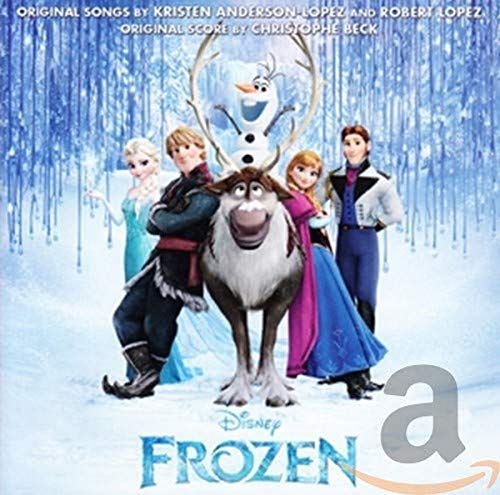 Frozen soundtrack CD cover featuring characters Sven, Olaf, Anna, Elsa, Kristoff, and Hans.