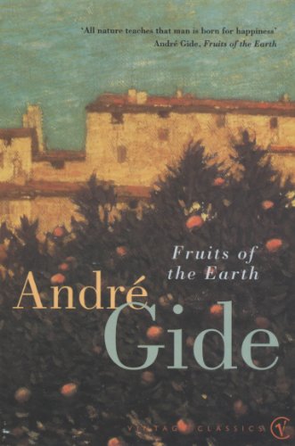 Book cover for "Fruits of the Earth" by André Gide, with orange trees.