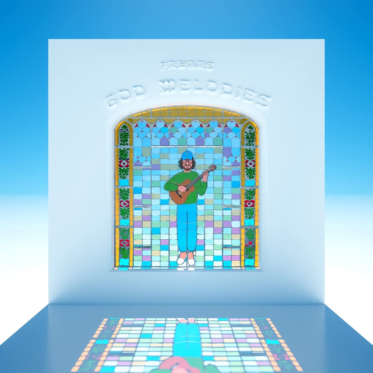 "CD case with stained-glass window design, man playing guitar, and 'Fryars God Melodies' text."