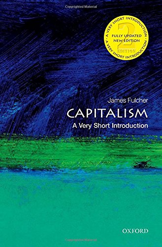 Book cover: “Capitalism: A Very Short Introduction” with blue and green abstract art.