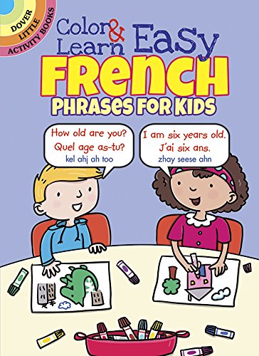 A boy and girl coloring at a table with speech bubbles containing French phrases.
