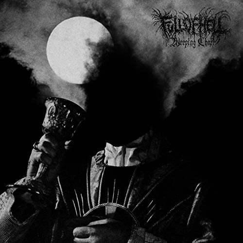 "Black and white album cover with a figure in dark robes and ornate mask."