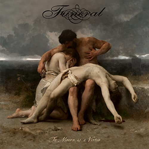 Album cover: two figures embracing a limp body against a stormy sky.
