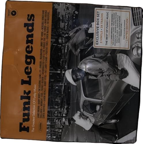 Box set of “Funk Legends” vinyl records with a musician image.