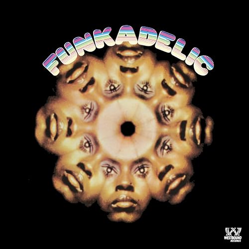 Album cover for Funkadelic’s self-titled record with repeating face imagery.
