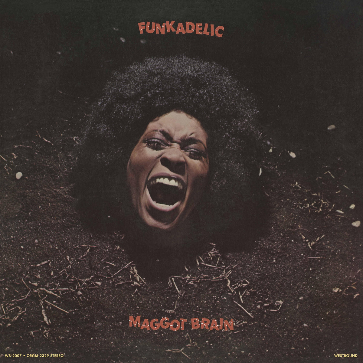 Funkadelic’s “Maggot Brain” vinyl album cover featuring a man with an anguished expression.