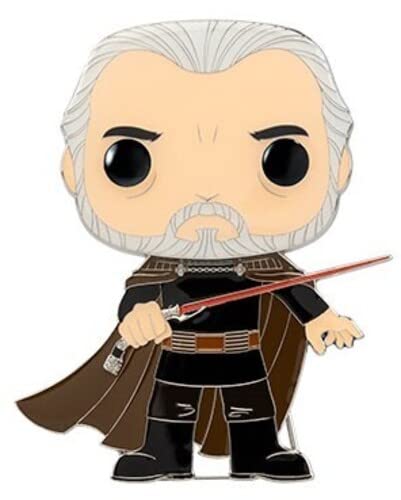 Stylized pin of Count Dooku from Star Wars, holding a red lightsaber.