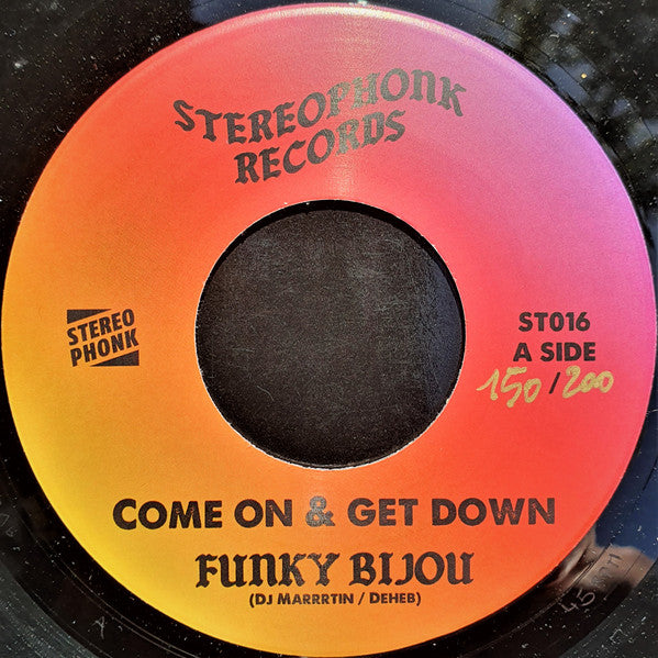 Orange and red vinyl record label with black text: "Funky Bijou - Come On & Get Down".