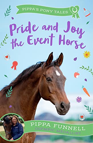 Book cover featuring a brown horse, Pippa Funnell, and decorative icons on blue background.