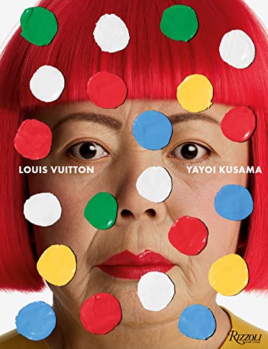 Yayoi Kusama portrait with colorful polka dots covering her face.