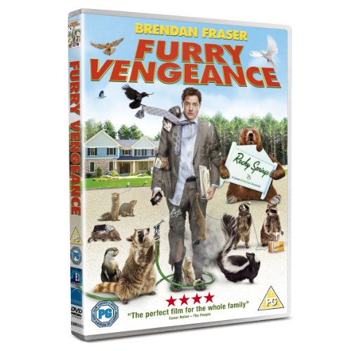 DVD case for "Furry Vengeance" with a man surrounded by animals on the cover.