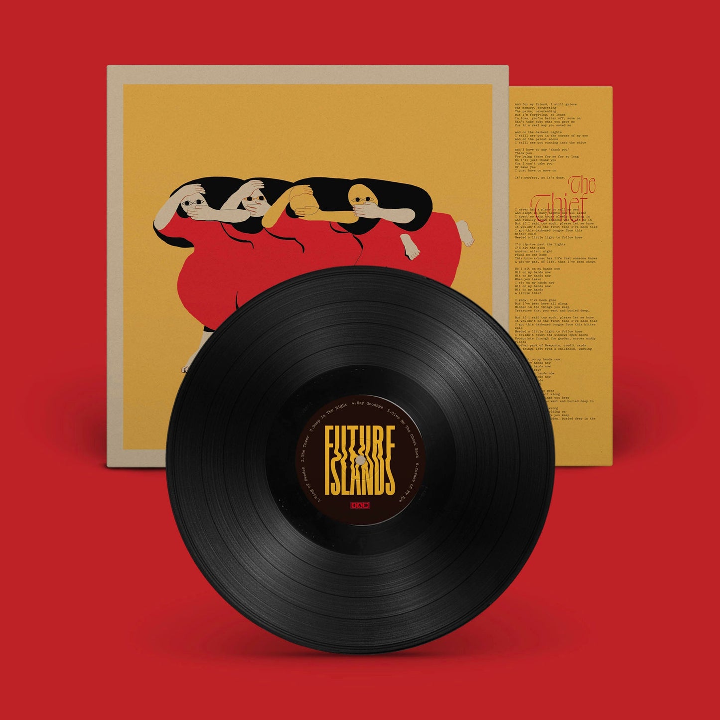 Future Islands vinyl record with abstract figures on a mustard yellow background.