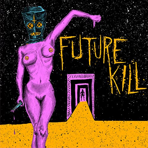 Pink and black illustration of a figure with a mask, titled "Future Kill".