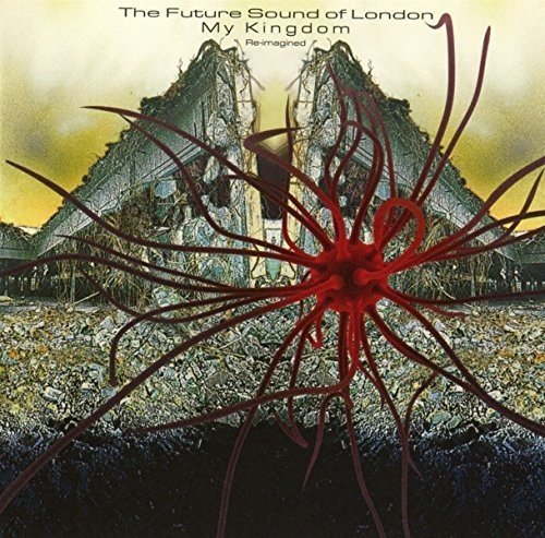 "Album cover with red abstract shape and destroyed building in the background."