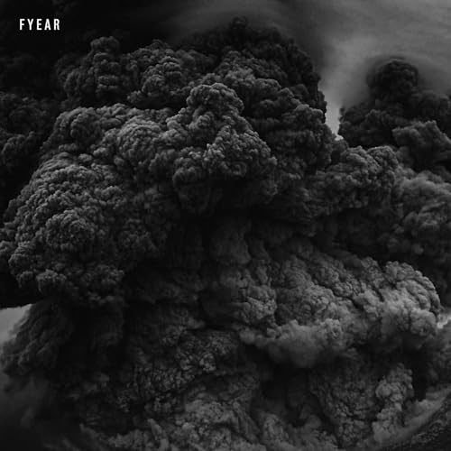 Black and white image of a dense, dark volcanic ash cloud with text FYEAR.