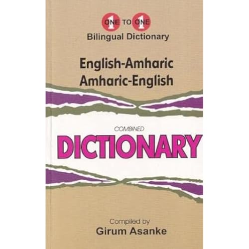 Beige dictionary cover with "English-Amharic & Amharic-English" title in purple and pink.