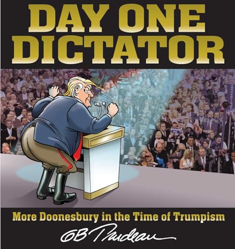 Cartoon book cover depicting a caricatured figure resembling Donald Trump at a podium.