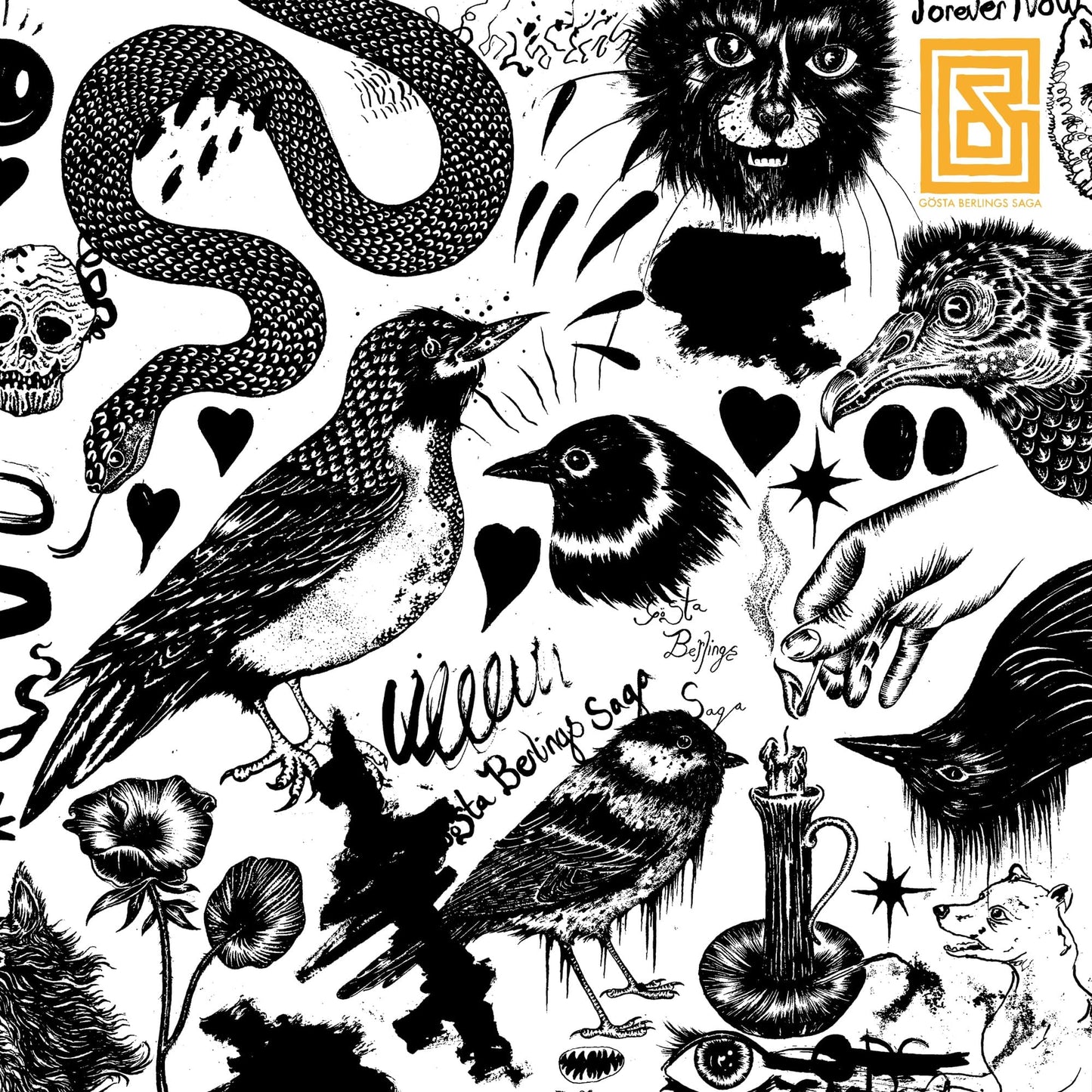 Black and white CD cover with illustrated birds, snakes, and animals.